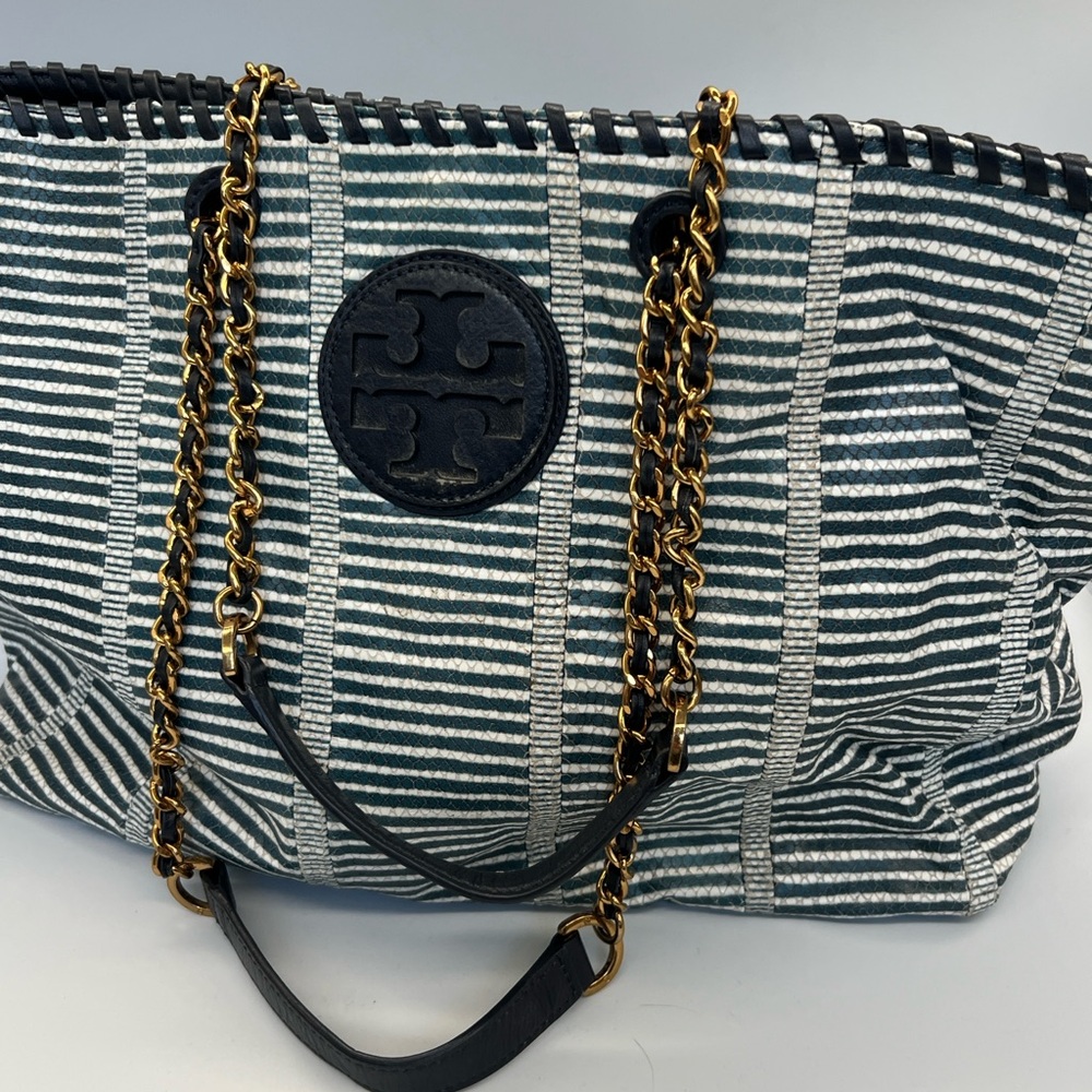 Tory Burch Navy and White Striped Chain-Handle Tote - Picture 4 of 9